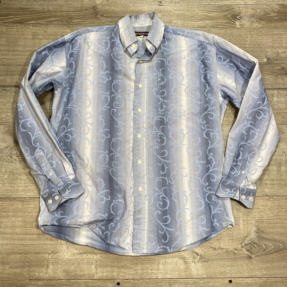 Stetson Shirt Mens Medium‎ Blue Stripe Scroll Western Button Front Cotton Casual